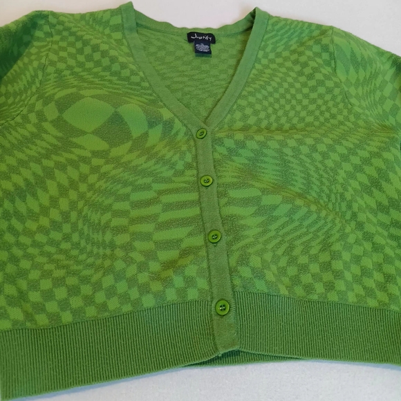 Justify Vibrant Green Knit Button Down Sweater Funky Fun Pattern Stretchy - Picture 4 of 9